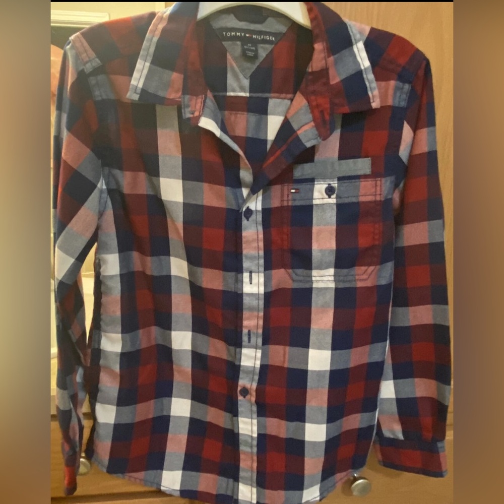 Boys Tommy Hilfiger M 12-14 Red and Blue Checkered Shirt Long Sleeve Shirt